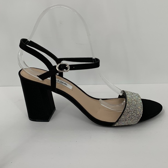 Nina Shoes - Nina Haven block heel black satin shoe sandal dressy clear crystal rhinestone 10